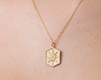 14K Gold Filled Sunshine Necklace, Gold Sunburst Necklace, Sun Pendant, Waterproof