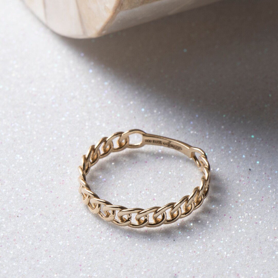 14K Solid Gold Chain Ring, Solid Gold Stackable Ring, Dainty Gold Ring, Stackable Gold Ring