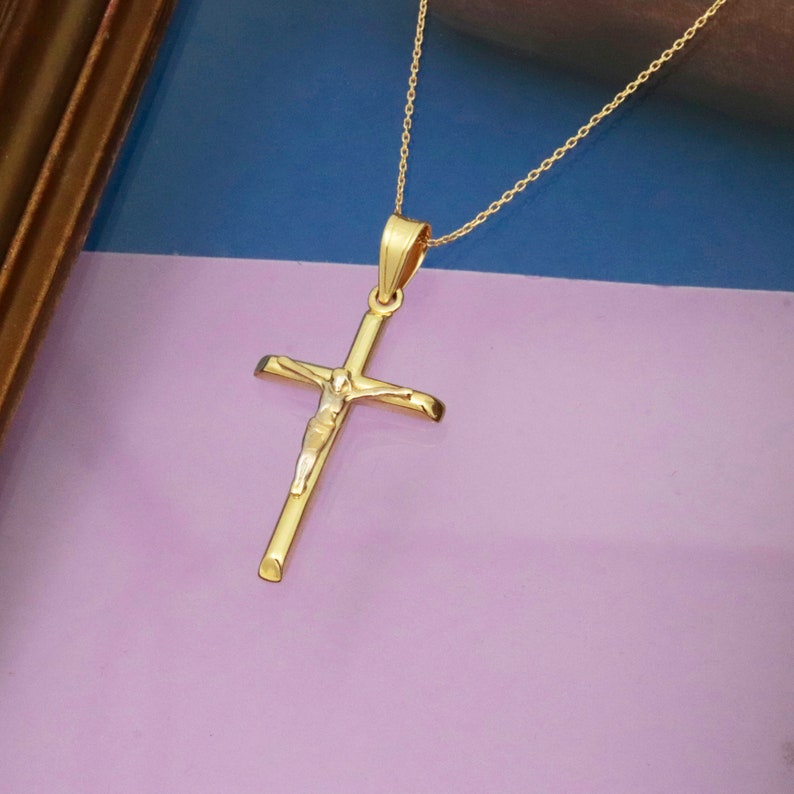 Solid Gold Cross Necklace, 14K Gold Jesus Pendant, Crucifix Necklace