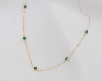 Solid Gold Emerald Necklace, 14K Gold Green Gemstone Necklace, Station Necklace, Gold Choker Necklace
