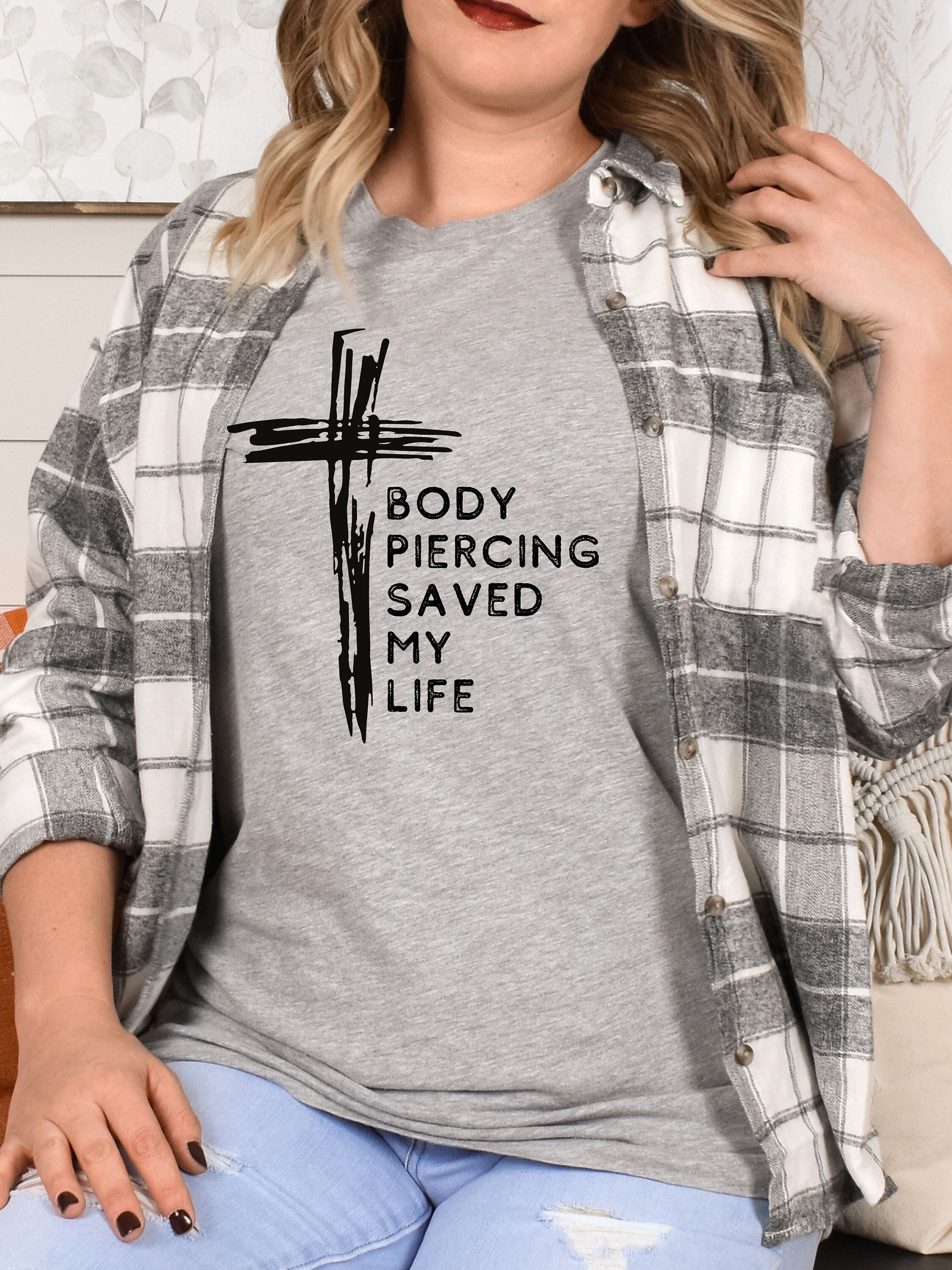 Body Piercing Saved my Life Cross Short Sleeve Tee, Christian Clothing, Faith shirt, Religious gift, Brother & sister in Christ
