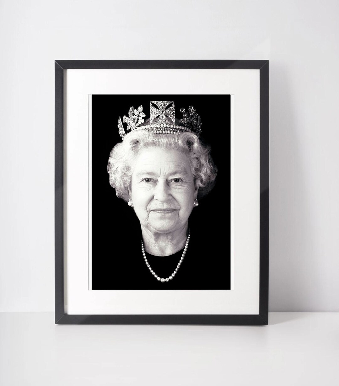 Queen Elizabeth II Portrait Print Poster Engraved Crown Black and White ...