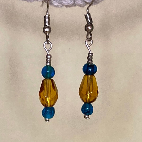 Amber and Teal Glass beaded earrings - Dangle/Drop Earrings