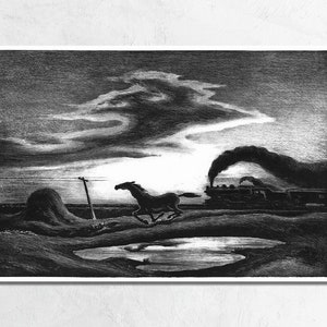 May include: A black and white illustration of a horse running across a field with a train in the background. The sky is filled with dark clouds and the sun is setting.