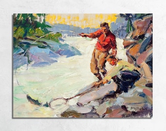 Rogue River Fishing Vintage Painting by Frank B Hoffman, Fly Fishing Lodge Wall Art, Angler Outdoorsman Fine Art Poster or Canvas Print