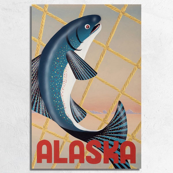 1950's Alaska Fishing Travel Poster Print, Vintage Salmon, Steelhead Fish Poster, Fishing Lodge Wall Art Print on Fine Art Paper or Canvas