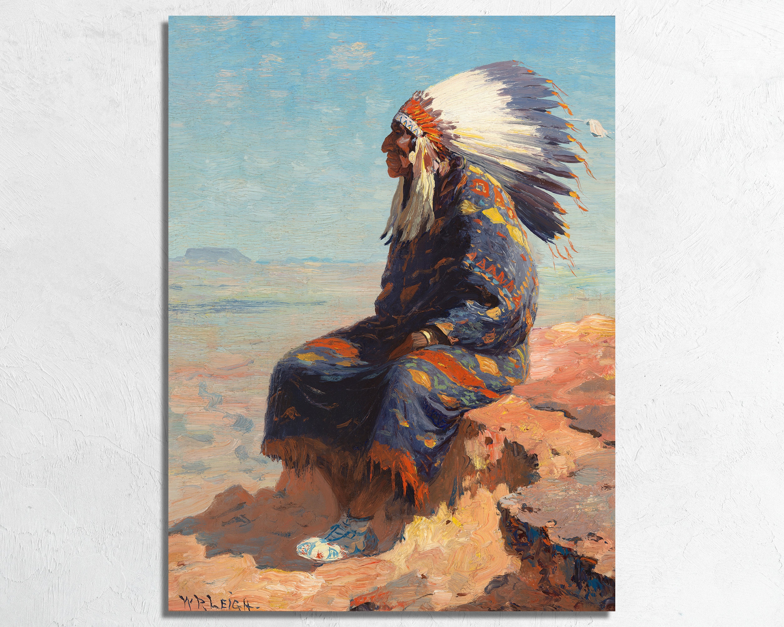 Indian Chief Painting by WR Leigh, Native American Indian Chief Sitting in Desert Landscape