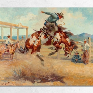 Pitching Pony 1949 by Olaf Carl Wieghorst, Vintage Rodeo Bronc Rider, Bucking Bronco, Western Americana Fine Art Canvas or Poster Print