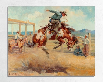May include: A painting depicting a cowboy riding a bucking brown and white horse in a rodeo. The cowboy is wearing a blue shirt, brown pants, and a cowboy hat. There are other cowboys watching the rodeo in the background.