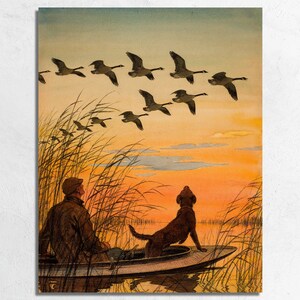 May include: A man and his dog sit in a boat on a lake, looking up at a flock of geese flying overhead against a sunset sky.