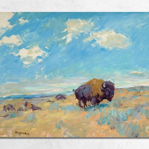 Vintage Roaming Bison Painting by Frank B Hoffman, Western Americana Great Plains Buffalo Canvas Print or Fine Art Poster, Modern Farmhouse