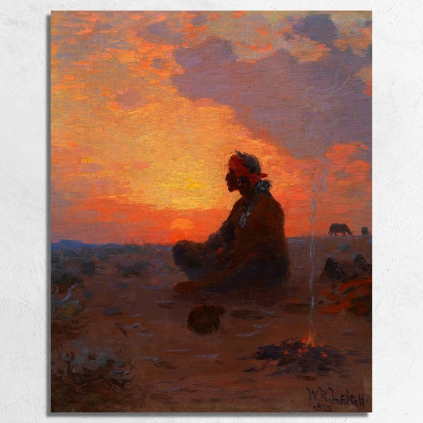 Sitting Indian 1917 by WR Leigh Painting Print, Native American at Sunset in Desert Landscape, Western Americana Art Canvas or Poster Print
