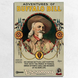 Adventures of Buffalo Bill 1917 Movie Poster Print, Bill Cody Wild West Show, Cowboy Western Americana Wall Art Decor Canvas Wrap or Poster