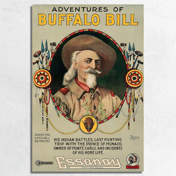 Adventures of Buffalo Bill 1917 Movie Poster Print, Bill Cody Wild West Show, Cowboy Western Americana Wall Art Decor Canvas Wrap or Poster