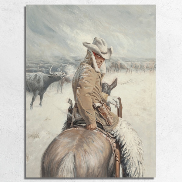 1955 Cowboy Rancher in Snow, Vintage Montana Ranch Cattle Drive Cowboy in Winter Landscape, Western Ranch Fine Art Poster or Canvas Print