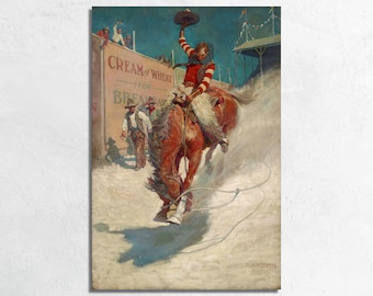 Puede incluir: Una ilustración vintage de un vaquero montando un caballo que se encabrita. El vaquero lleva una camisa a rayas rojas y blancas y un sombrero de vaquero. El caballo es marrón y blanco y está levantando polvo. La ilustración está ambientada en un rodeo con un cartel que dice "Cream of Wheat for Breakfast".