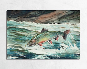Könnte beinhalten: Ein Aquarellbild einer Forelle, die aus einem Fluss springt, mit einer Fliege im Maul. Die Forelle ist braun, grün und rot mit schwarzen Flecken. Das Wasser ist blau und grün mit weißem Schaum.