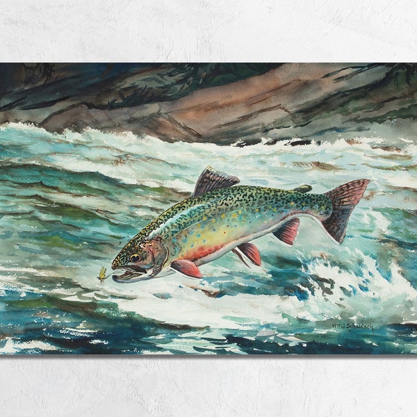 Vintage Leaping Brook Trout Watercolor by William Joseph Schaldach, Fishing Lodge Art, Trout Fly Fishing Print on Fine Art Paper or Canvas