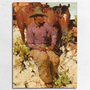 Cowboy Time Out Painting by Burt Procter, Vintage Cowboy Rancher with Horse in Desert Landscape, Western Fine Art Poster or Canvas Print