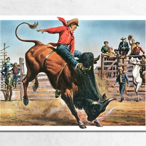 Rodeo Bull Riding Cowboy 1952 Illustration, Vintage Rodeo Poster Print on Paper or Canvas, Mid-Century Western Americana Rodeo Wall Art