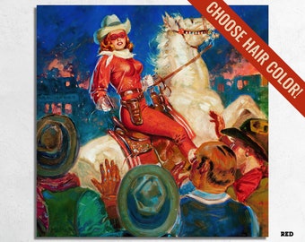 May include: A woman in a red outfit and a cowboy hat rides a white horse through a burning town. The woman is wearing a mask over her eyes. The text "CHOOSE HAIR COLOR!" is in a red box in the upper right corner of the image. The word "RED" is in the lower right corner of the image.