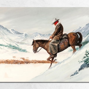 Snowy Cattle Rancher by John Duillo, Vintage Cowboy Rancher Winter Cattle Round-up, Western Cowboy Fine Art Painting Poster or Canvas Print