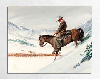 Vintage Cowboy Cattle Drive Art Print: Snowy Ranch Landscape by John Duillo