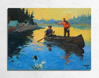 Vintage Fishing Painting by Frank B Hoffman, Camping and Trout Fishing from Canoe, Retro Angler Outdoorsman Fine Art Poster or Canvas Print