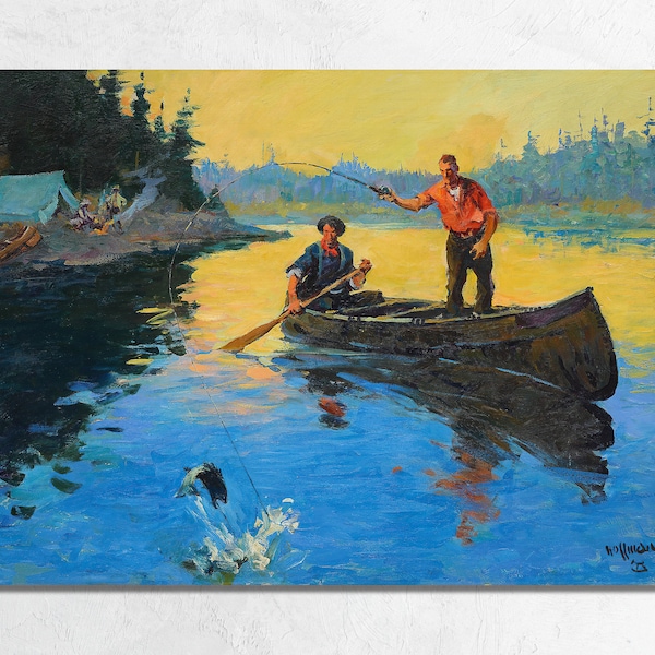 Vintage Fishing Painting by Frank B Hoffman, Camping and Trout Fishing from Canoe, Retro Angler Outdoorsman Fine Art Poster or Canvas Print