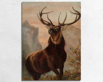 Vintage Deer Print: 1895 Buck in Meadow Sunrise, Hunting Art