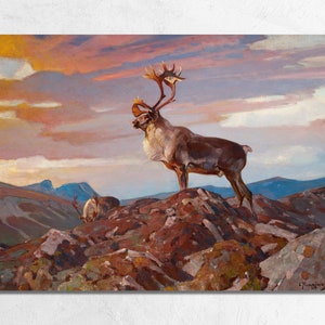 Caribou on the Tundra 1938 Painting Print, Vintage Deer Hunting Landscape Wall Art, Modern Farmhouse Decor, Fine Art Poster o Canvas Print