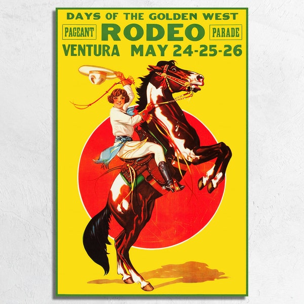 Ventura Rodeo 1933 Poster Print, Vintage Rodeo Cowgirl on Horseback, Modern Ranch Wall Art, Western Americana Fine Art Paper or Canvas Print