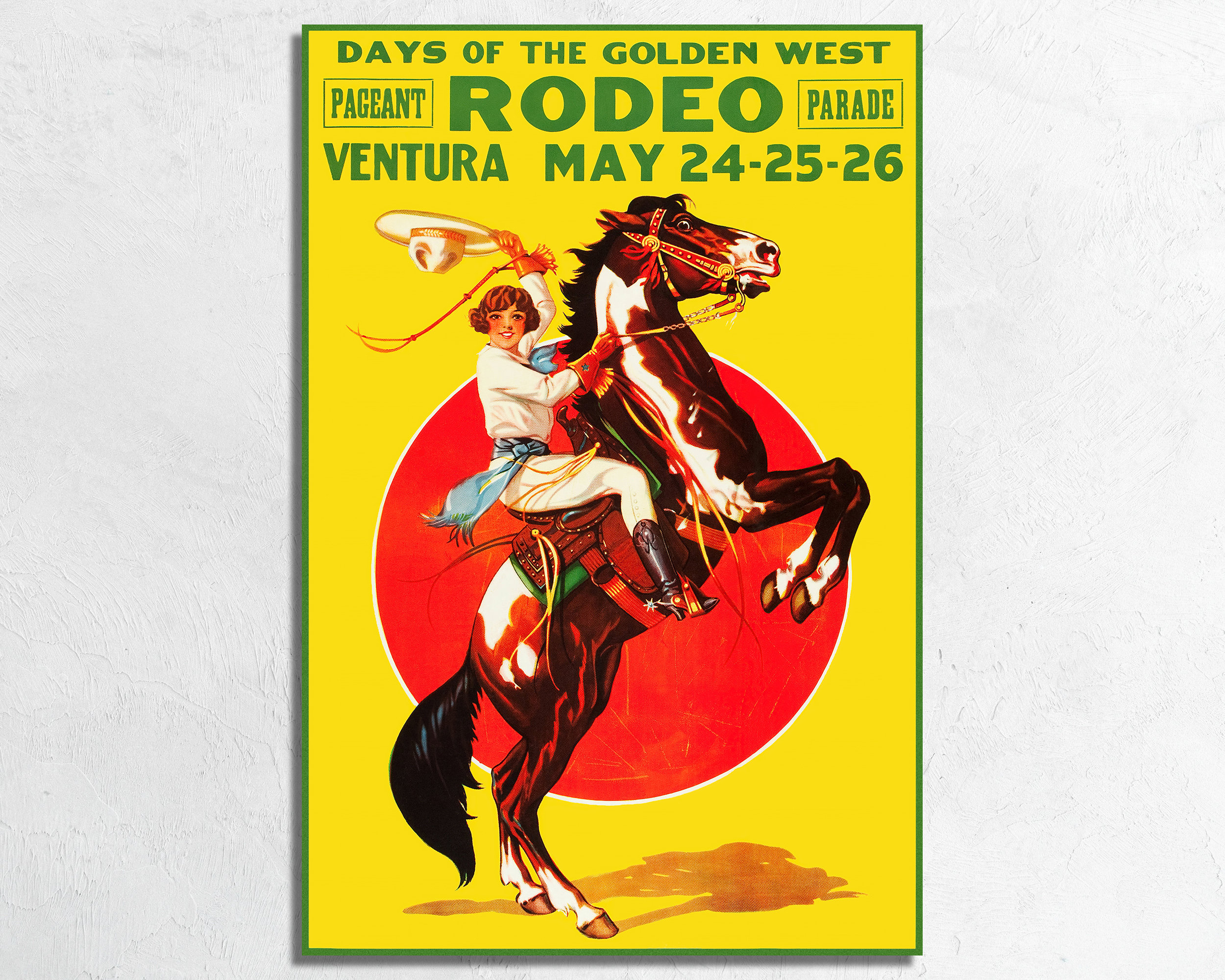 Ventura Rodeo 1933 Poster Print, Vintage Rodeo Cowgirl on Horseback, Modern Ranch Wall Art, Western Americana Fine Art Paper or Canvas Print