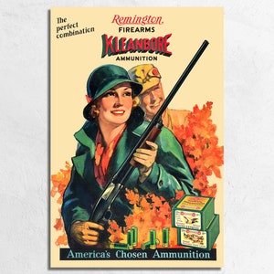 Vintage Remington Kleanbore Ammunition Poster Print, Vintage Gun & Ammo Bird Hunting Fine Art Poster or Canvas Print, Hunting Lodge Decor