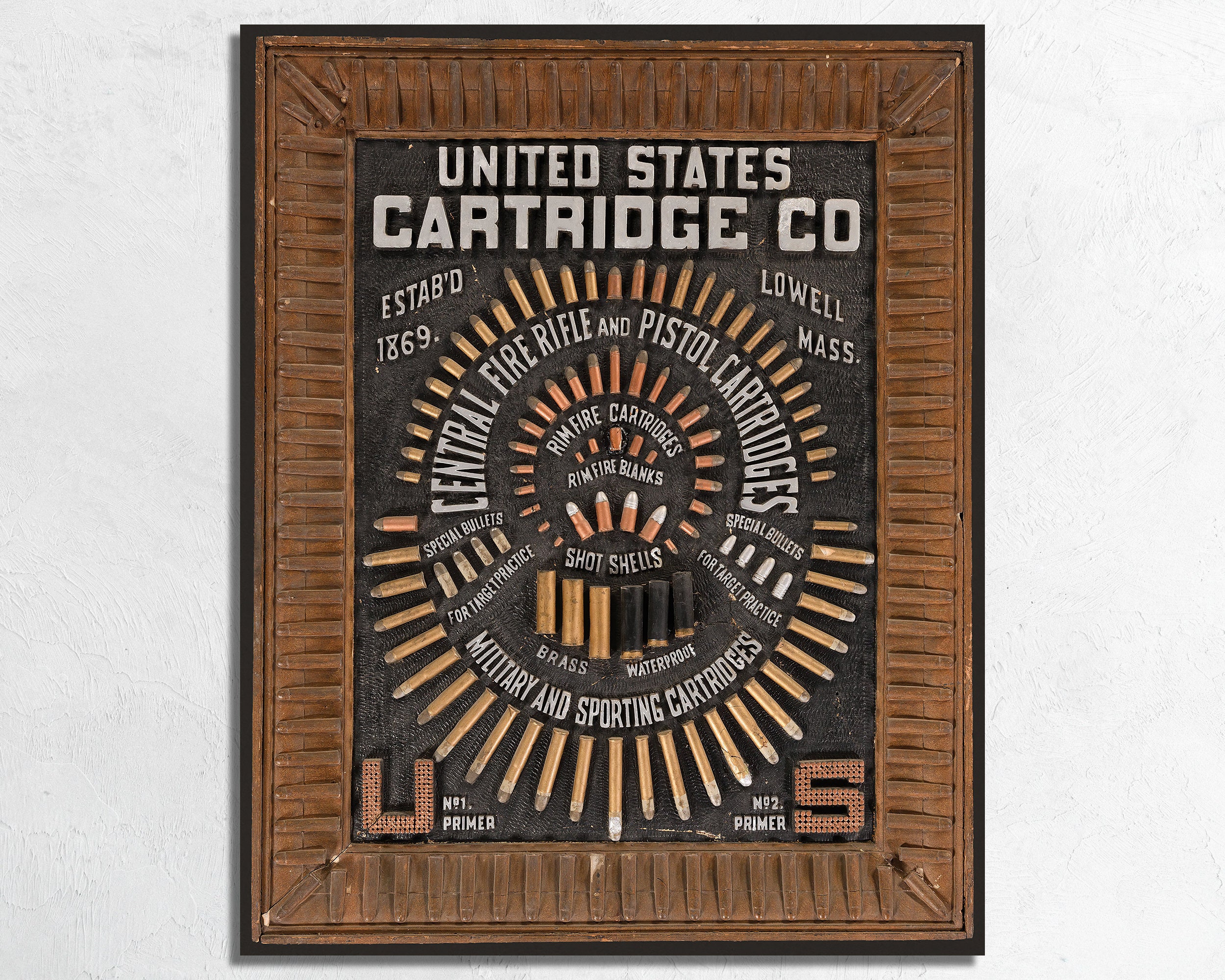 Vintage US Cartridge Co. Bullet Board Display Sign Print, Rustic Outdoorsman Hunting Lodge Gun & Ammunition Fine Art Poster or Canvas Print