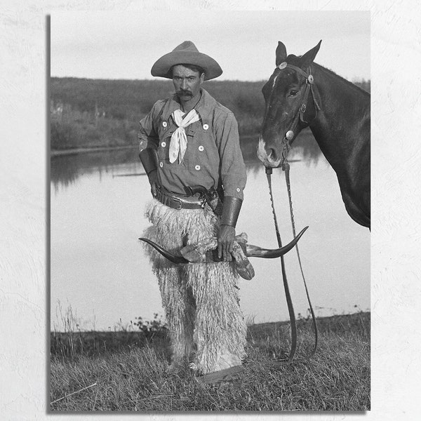 Cowboy Rancher 1901, Vintage Photo Print of Old Western Cowboy in Fur Chaps with Horse by Solomon Butcher, Fine Art Poster or Canvas Print