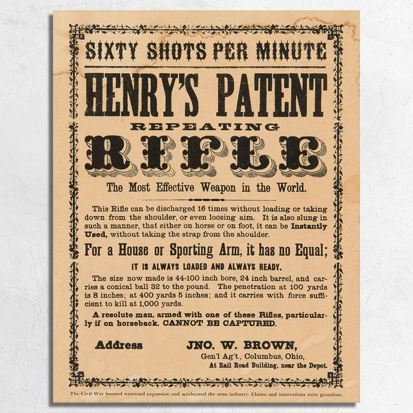 1860 Henry Repeating Rifle Patent Ad Print, Vintage Winchester Gun Broadside, Western Americana Fine Art Canvas or Poster Print