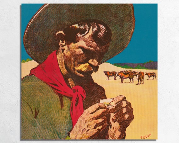 Classic Cowboy Rolling Cigarette 1904 Illustration by Adolf Methfessel,  Vintage Western Americana Cowboy Wall Art Print on Paper or Canvas
