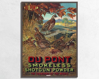 1913 Du Pont Shotgun Powder Ad Poster by Lynn Bogue Hunt, Vintage Quail Hunter Poster, Bird Hunting Lodge Fine Art Poster or Canvas Print