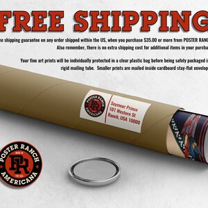May include: A brown mailing tube with a white label that says "Seymour Prince 101 Western St Ranch, USA 10000". The tube is wrapped with a red and black logo that says "Poster Ranch Americana".