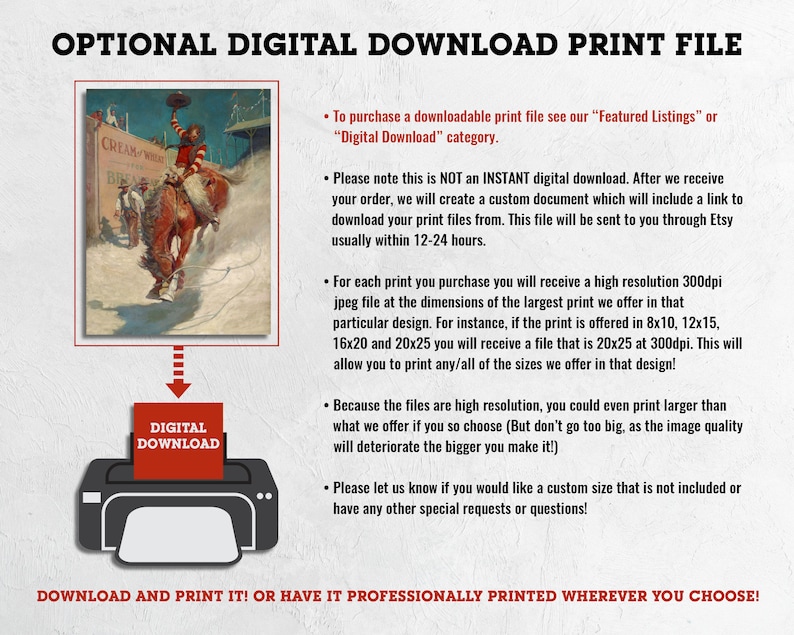 May include: A digital download print file of a vintage illustration of a cowboy riding a horse. The illustration is in a rustic style with a brown and white color scheme. The text "CREAM WHEAT" is visible in the background. The text "DIGITAL DOWNLOAD" is also visible in the image.