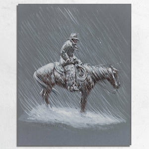 Snow Storm Cowboy by Olaf Carl Wieghorst, Vintage Cowboy Rancher on Cattle Round-up in Winter Storm, Western Fine Art Poster or Canvas Print