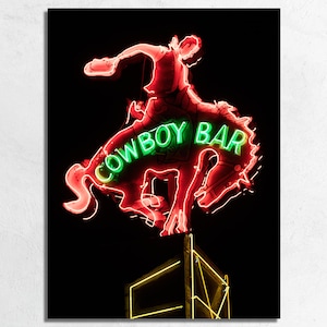 Neon Cowboy Bar Sign, Neon Rodeo Bucking Bronco Sign Photo Print on Fine Art Paper or Canvas, Cowboy Western Bar or Man Cave Decor