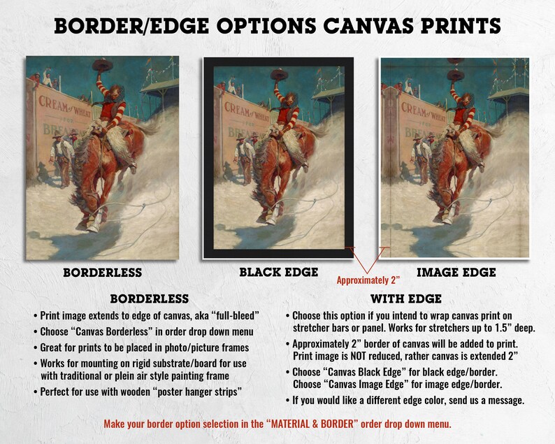 May include: A graphic showing three different canvas print options: borderless, black edge, and image edge. The image shows a cowboy riding a horse. The text "CREAM OF WHEAT" is visible on a sign in the background. The text "BORDERLESS" is below the first image, "BLACK EDGE" is below the second image, and "IMAGE EDGE" is below the third image. The text "WITH EDGE" is below the third image. The text "Approximately 2" is above the third image.