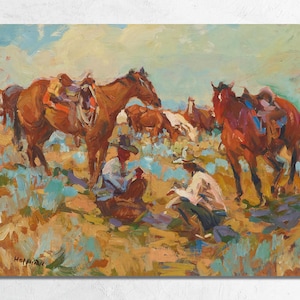 Cowboy Conversation by Frank B Hoffman, Vintage Cowboy Rancher Cattle Round-up, Western Cowboy Fine Art Painting Poster or Canvas Print
