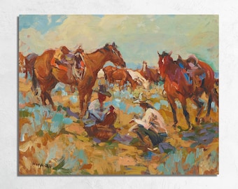 Cowboy Conversation Print: Vintage Western Ranch Art by Frank B Hoffman