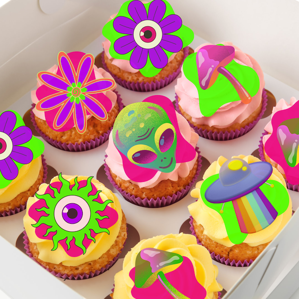 Trippy decorations for cake, hippy parties, psychedelic party, fancy dress party, cake toppers