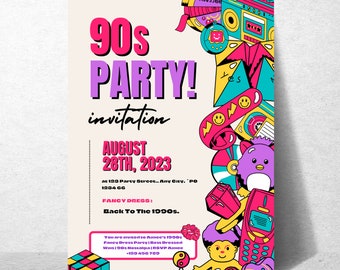 Invitación de cumpleaños estilo años 90, temática retro, invitación editable (descarga digital)