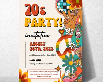 1970s party Invitation, 1970s Birthday party Invitation for fancy dress party 70s Birthday, Back to the 70s Theme Invite, Retro 1970s Invite