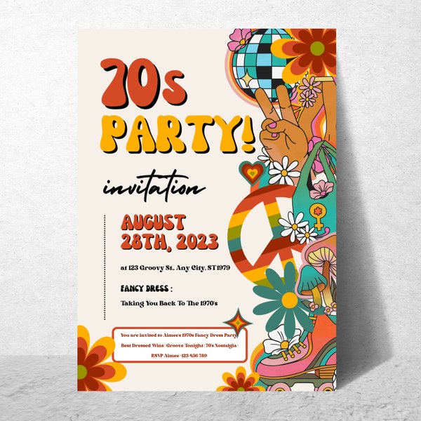 1970s party Invitation, 1970s Birthday party Invitation for fancy dress party 70s Birthday, Back to the 70s Theme Invite, Retro 1970s Invite